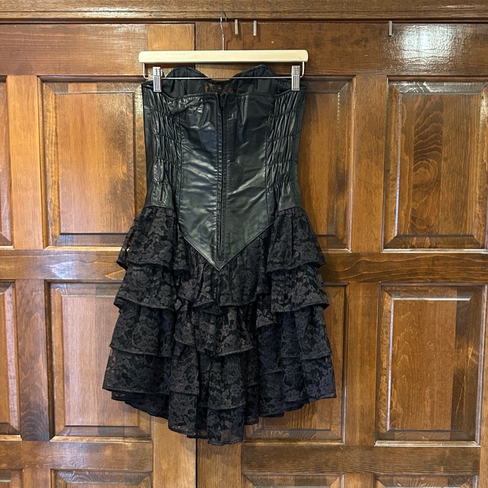 Vintage Chia Leather Corset Lace Tiered Ruffle Dress 90s Korea Rocker Punk Sz 12 - Picture 5 of 13